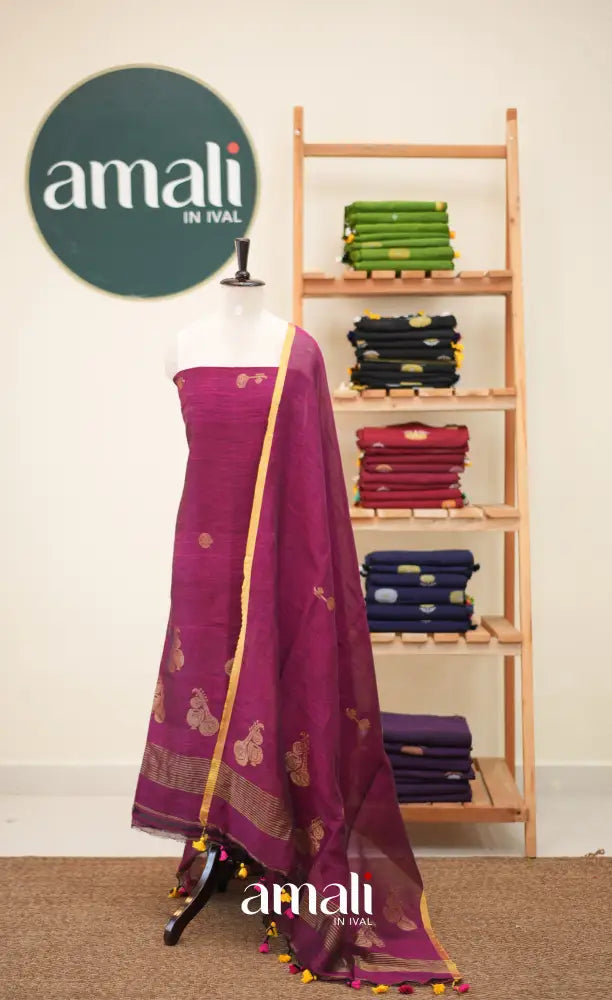 Magenta Pink Handloom Linen Unstitched Salwar Set - salwar