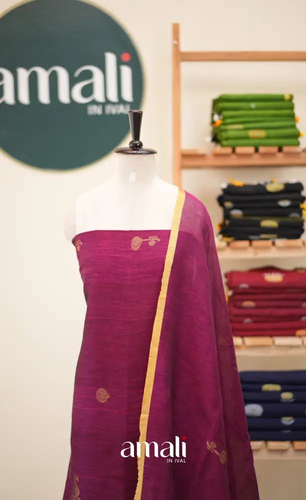Magenta Pink Handloom Linen Unstitched Salwar Set - salwar