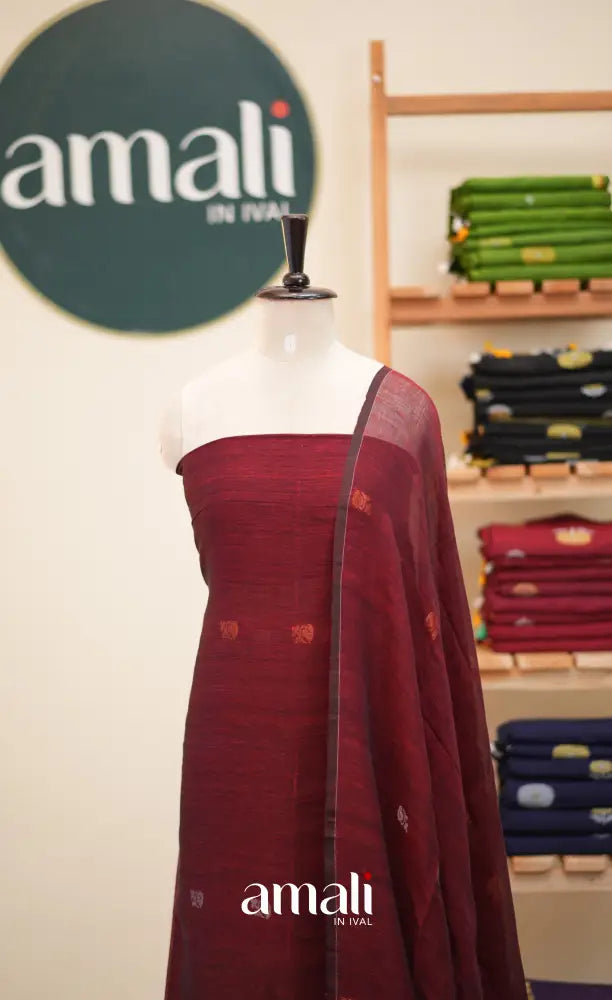 Maroon Handloom Linen Unstitched Salwar Set - salwar