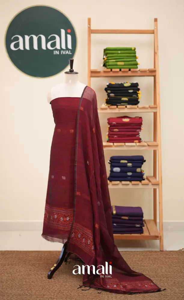 Maroon Handloom Linen Unstitched Salwar Set - salwar