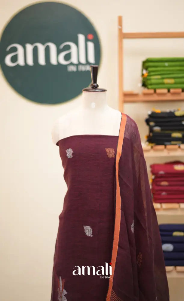 Maroon Handloom Linen Unstitched Salwar Set - salwar