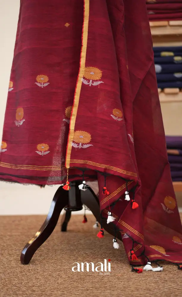 Maroon Handloom Linen Unstitched Salwar Set - salwar
