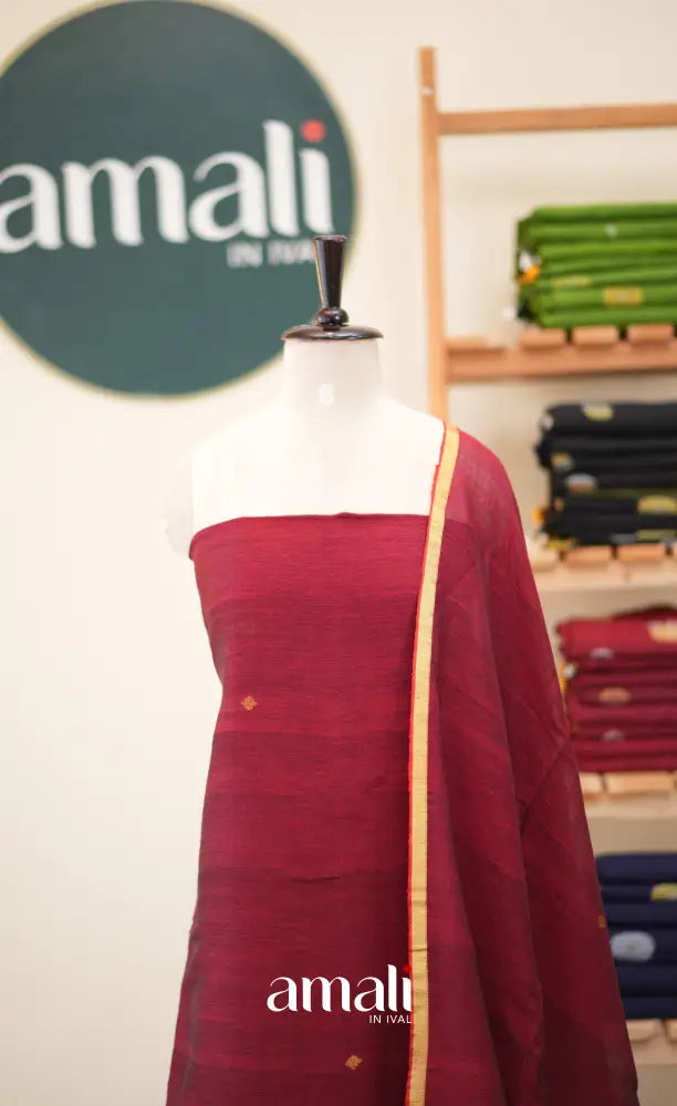 Maroon Handloom Linen Unstitched Salwar Set - salwar