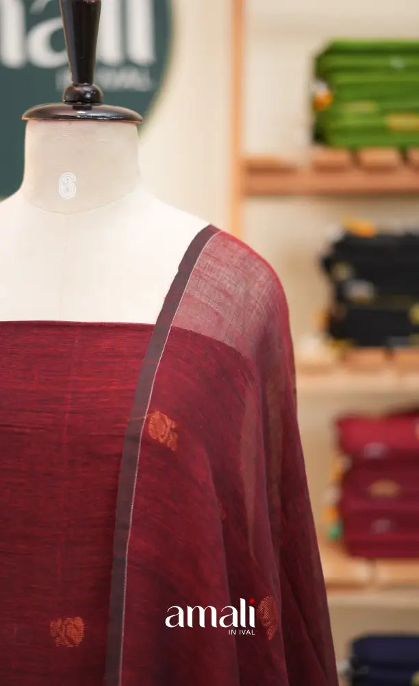 Maroon Handloom Linen Unstitched Salwar Set - salwar