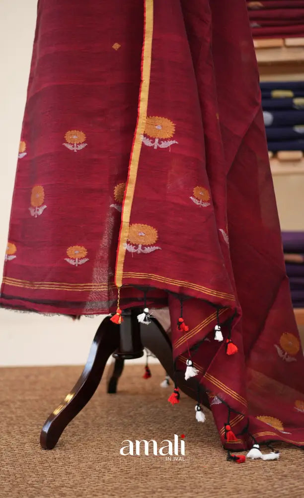 Maroon Handloom Linen Unstitched Salwar Set - salwar
