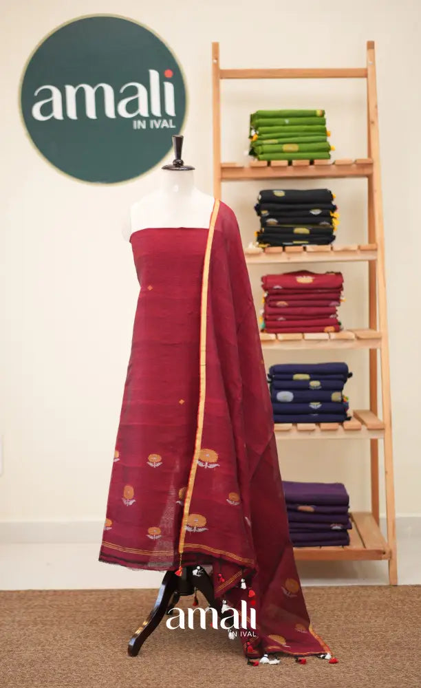 Maroon Handloom Linen Unstitched Salwar Set - salwar