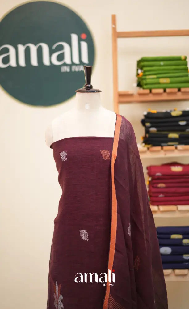 Maroon Handloom Linen Unstitched Salwar Set - salwar