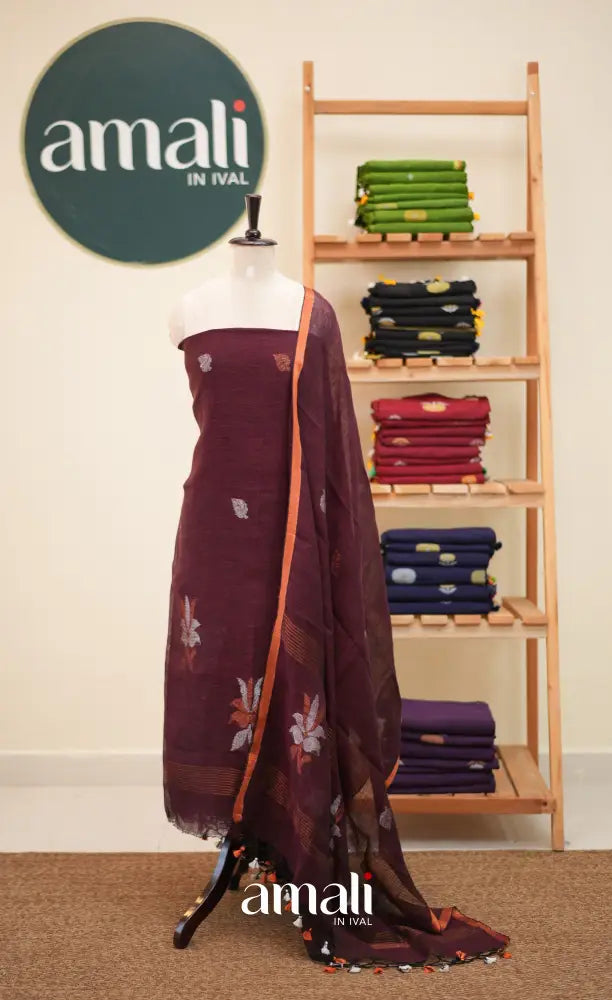 Maroon Handloom Linen Unstitched Salwar Set - salwar
