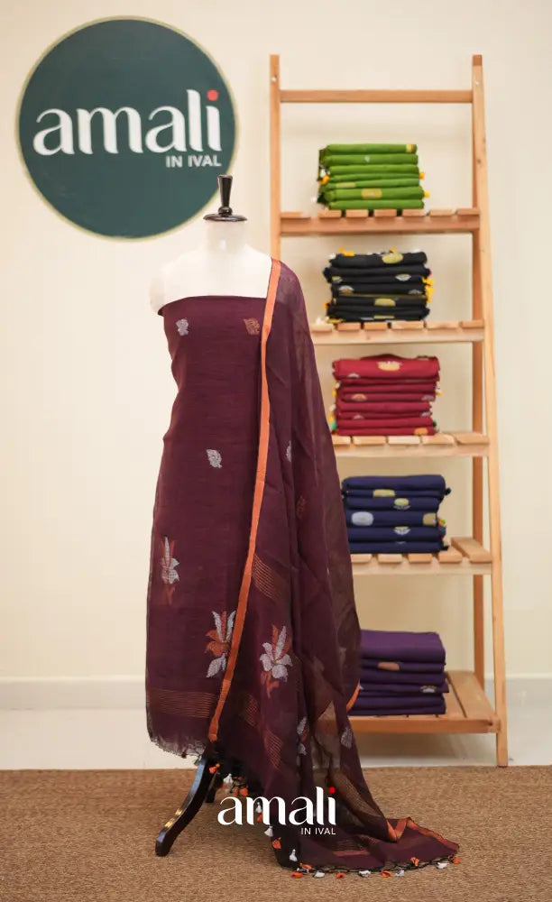 Maroon Handloom Linen Unstitched Salwar Set - salwar