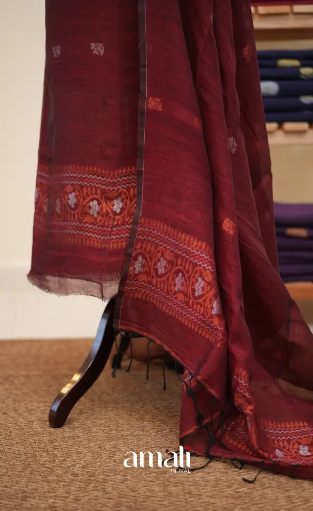 Maroon Handloom Linen Unstitched Salwar Set - salwar