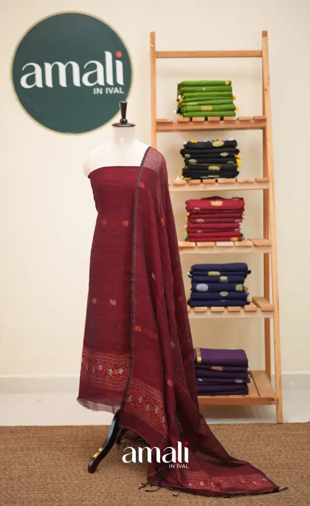 Maroon Handloom Linen Unstitched Salwar Set - salwar