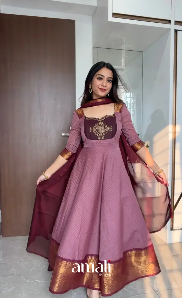 Mauve and Dark Maroon Chettinad Cotton Anarkali Anarkalis
