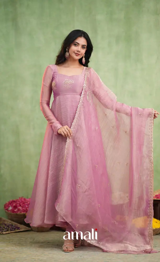 Mayili Crushed Tissue Anarkali - Mauve Pink - Anarkalis