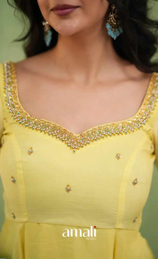 Mayili Crushed Tissue Anarkali with aari handwork- Yellow to Sky Blue Ombre - Anarkalis