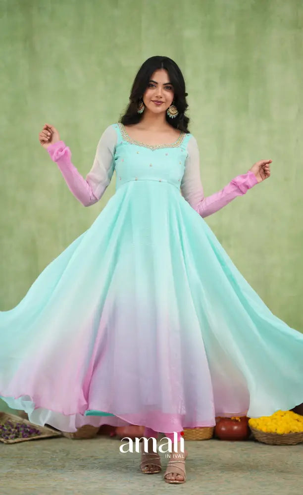 Mayili Crushed Tissue Anarkali with aari - Sea Green to Lilac Pink Ombre - Anarkalis