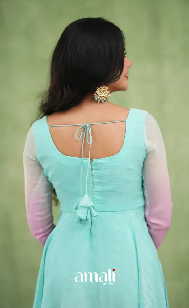 Mayili Crushed Tissue Anarkali with aari - Sea Green to Lilac Pink Ombre - Anarkalis