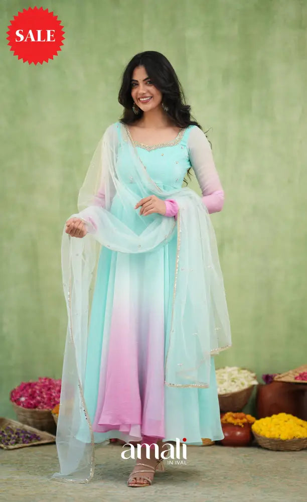 Mayili Crushed Tissue Anarkali with aari - Sea Green to Lilac Pink Ombre - Anarkalis
