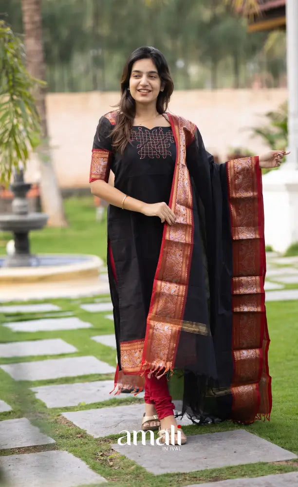 Meera Black with Dark Red Chettinad Cotton Salwar salwar