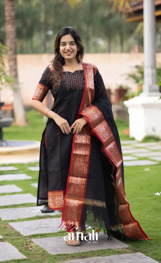Meera Black with Dark Red Chettinad Cotton Salwar salwar