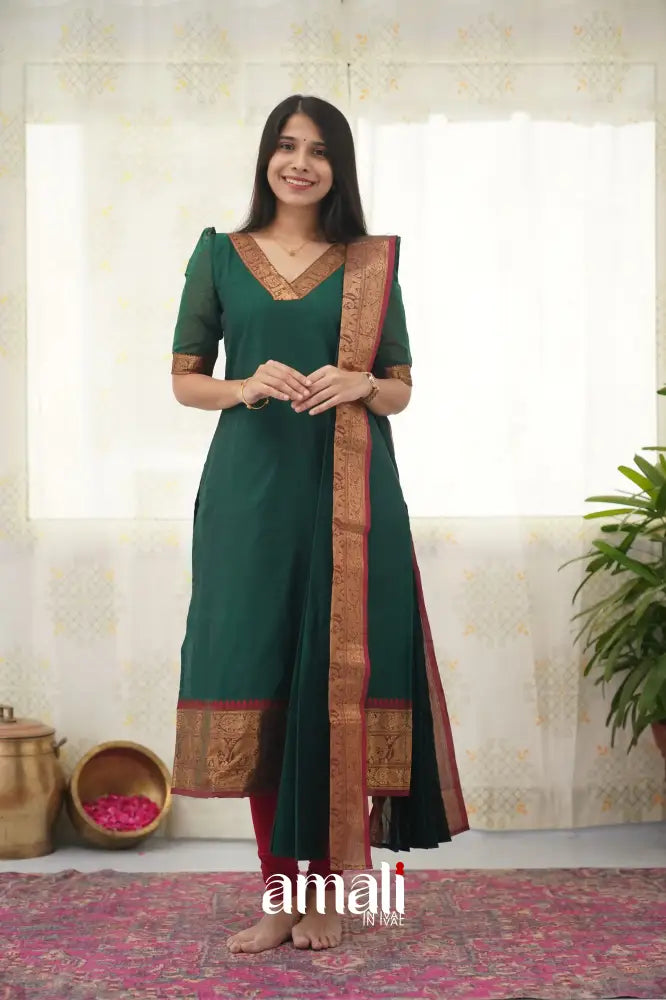 Meera Bottle Green Shade And Reddish Maroon Tone Cotton Salwar Salwar