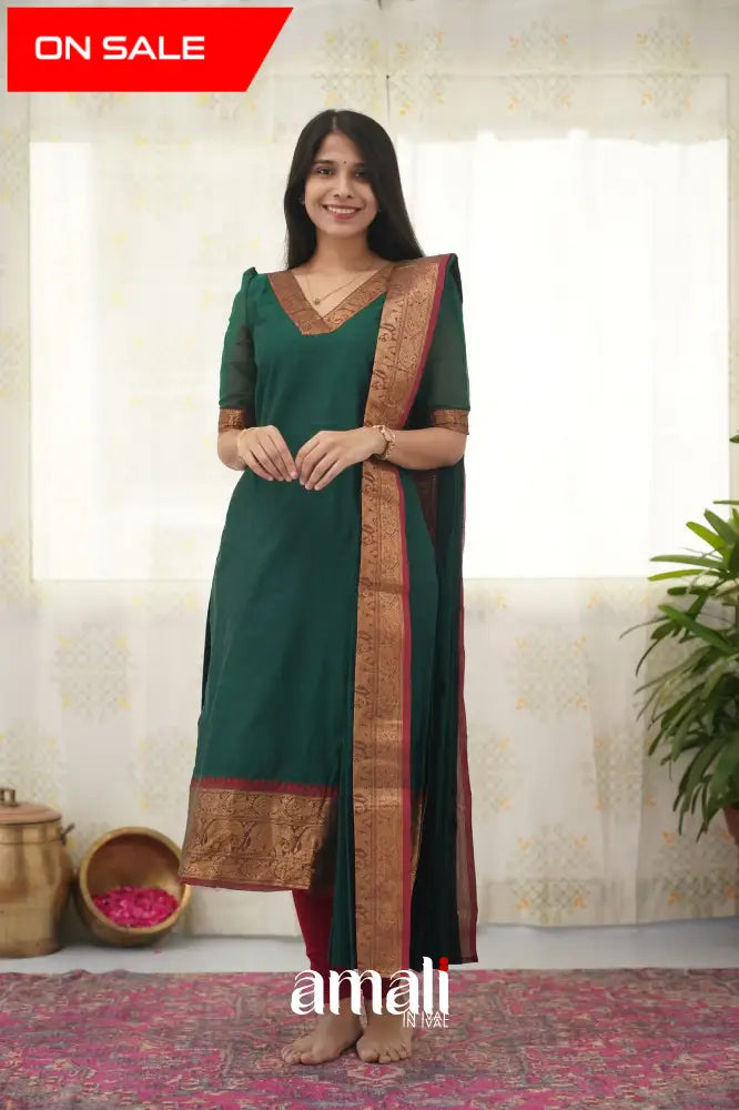 Meera Bottle Green Shade And Reddish Maroon Tone Cotton Salwar Salwar