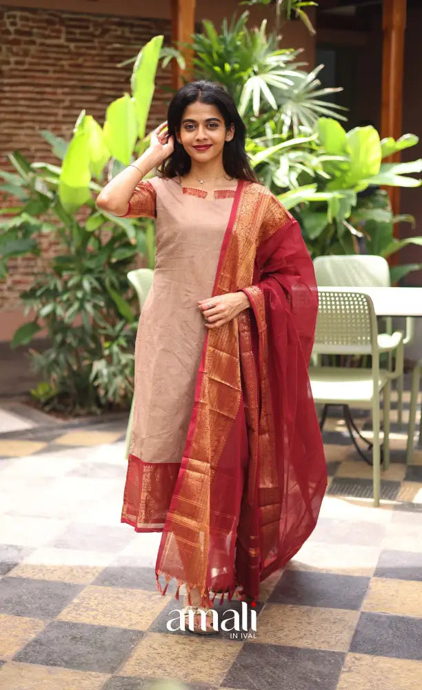 Meera Chettinad Cotton Salwar - Beige and Reddish maroon salwar
