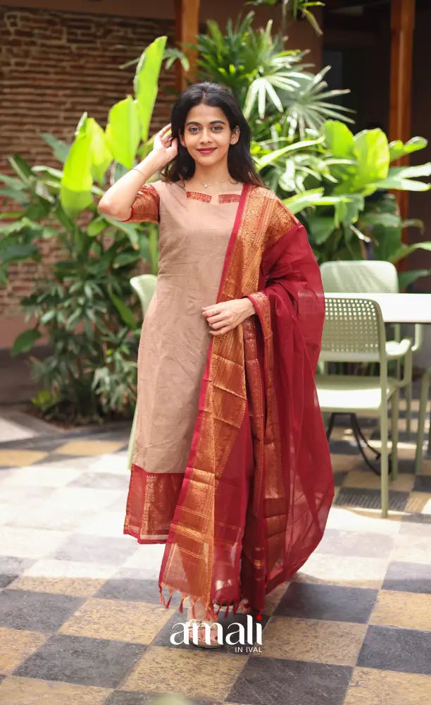 Meera Chettinad Cotton Salwar - Beige and Reddish maroon salwar