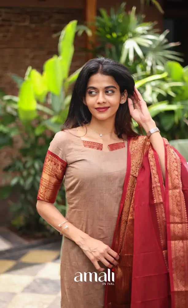 Meera Chettinad Cotton Salwar - Beige and Reddish maroon salwar