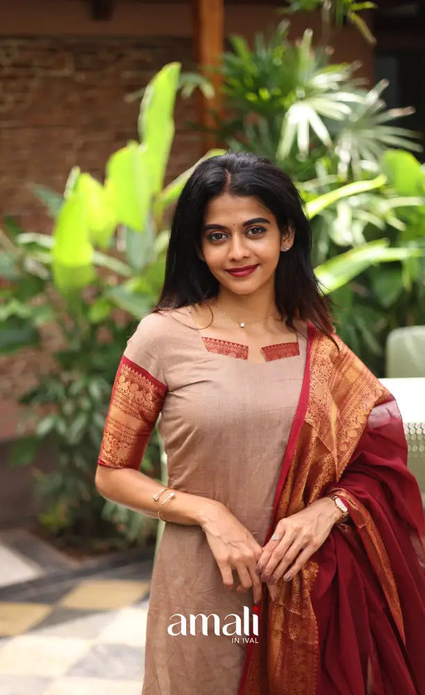 Meera Chettinad Cotton Salwar - Beige and Reddish maroon salwar