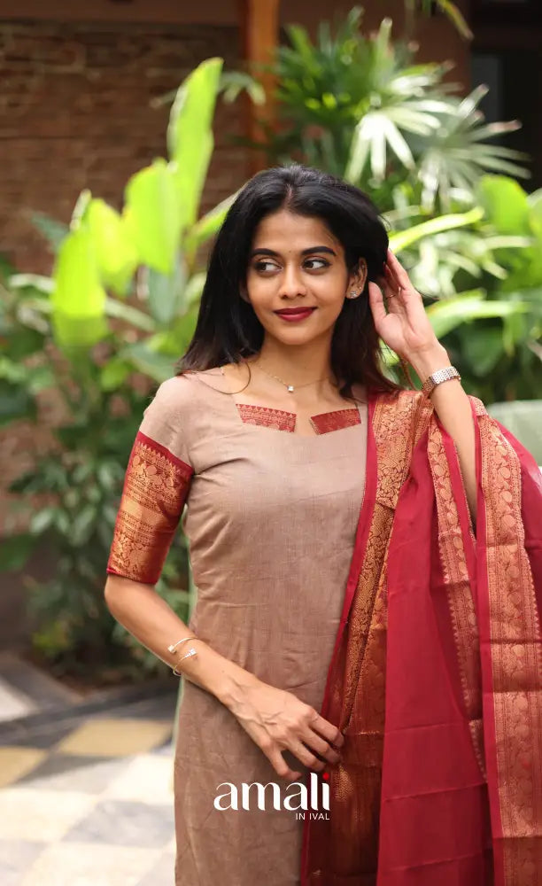 Meera Chettinad Cotton Salwar - Beige and Reddish maroon salwar