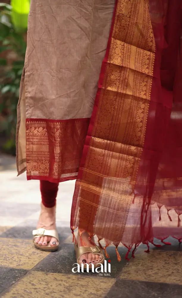 Meera Chettinad Cotton Salwar - Beige and Reddish maroon salwar