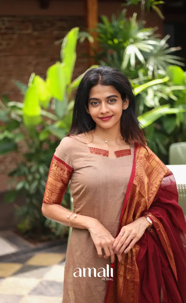 Meera Chettinad Cotton Salwar - Beige and Reddish maroon salwar