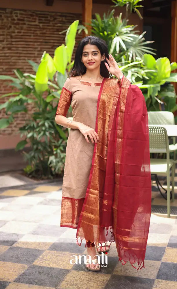 Meera Chettinad Cotton Salwar - Beige and Reddish maroon salwar