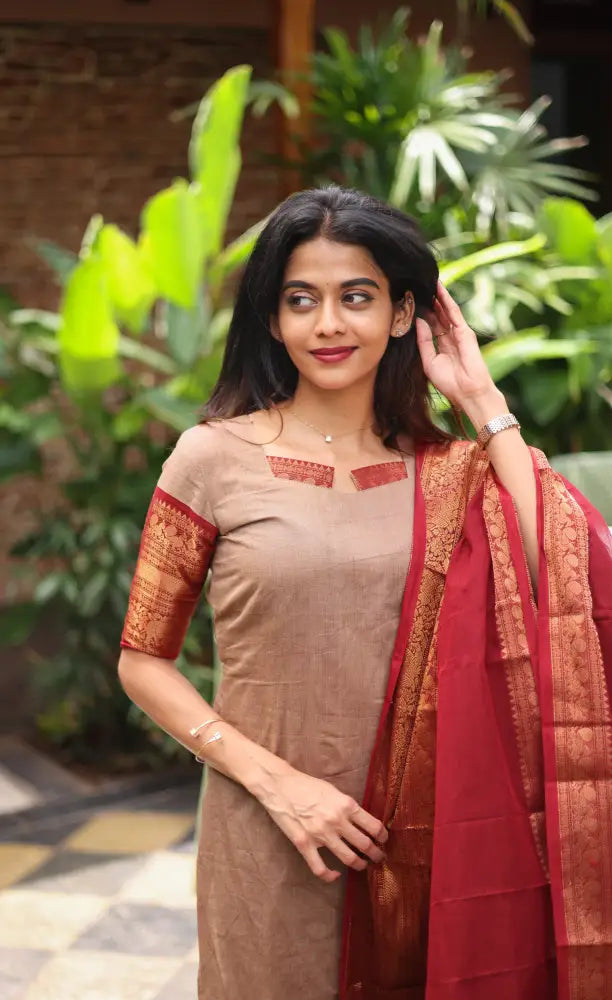 Meera Chettinad Cotton Salwar - Beige and Reddish maroon salwar