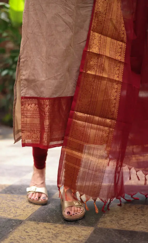 Meera Chettinad Cotton Salwar - Beige and Reddish maroon salwar