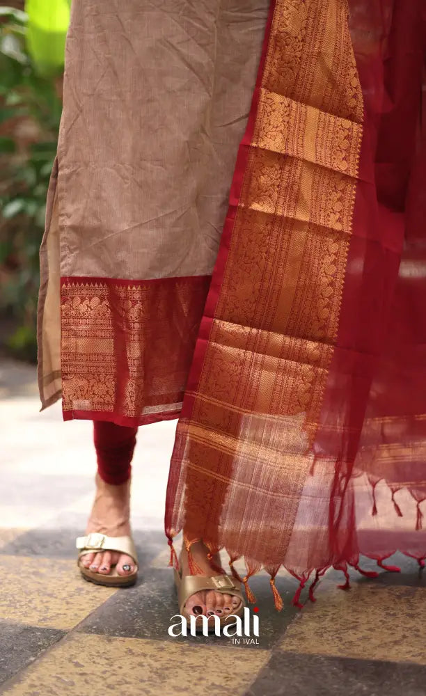 Meera Chettinad Cotton Salwar - Beige and Reddish maroon salwar