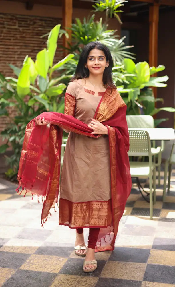 Meera Chettinad Cotton Salwar - Beige and Reddish maroon salwar