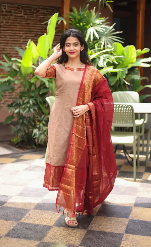 Meera Chettinad Cotton Salwar - Beige and Reddish maroon salwar