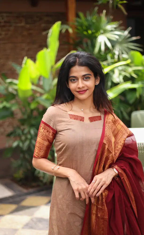 Meera Chettinad Cotton Salwar - Beige and Reddish maroon salwar