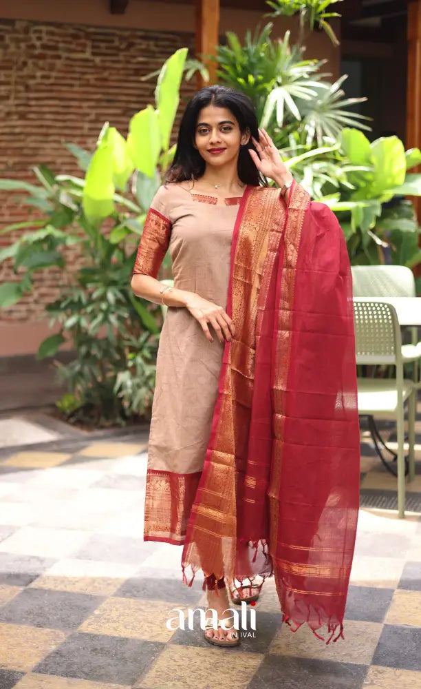 Meera Chettinad Cotton Salwar - Beige and Reddish maroon salwar