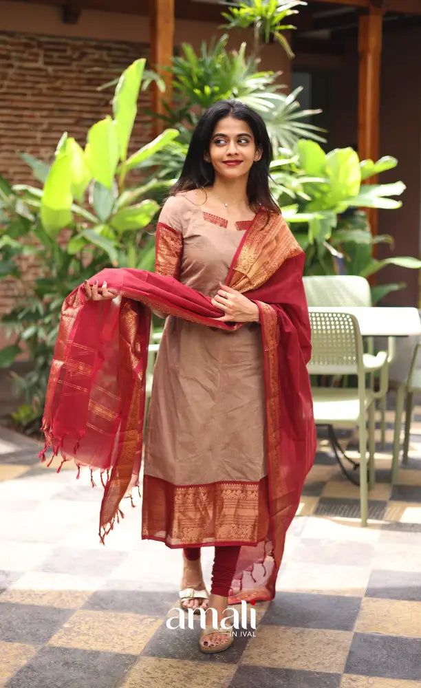 Meera Chettinad Cotton Salwar - Beige and Reddish maroon salwar