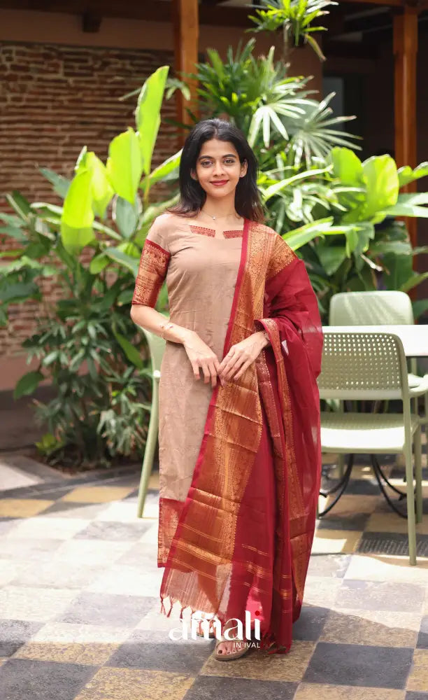Meera Chettinad Cotton Salwar - Beige and Reddish maroon salwar