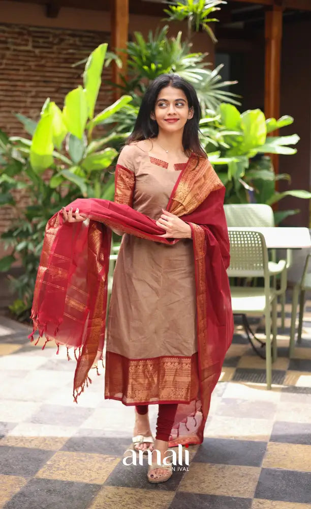 Meera Chettinad Cotton Salwar - Beige and Reddish maroon salwar