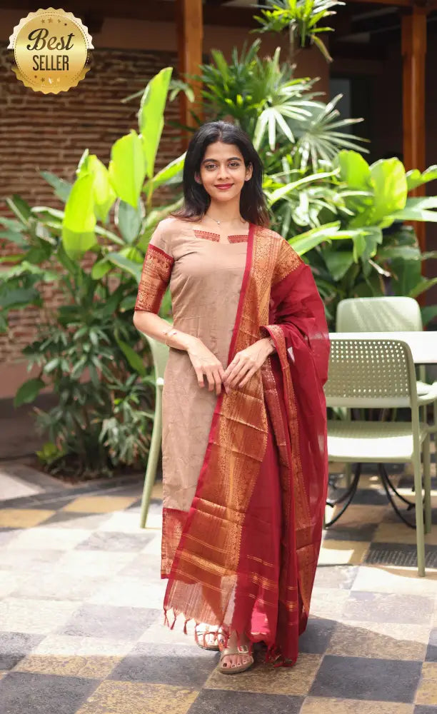 Meera Chettinad Cotton Salwar - Beige and Reddish maroon salwar