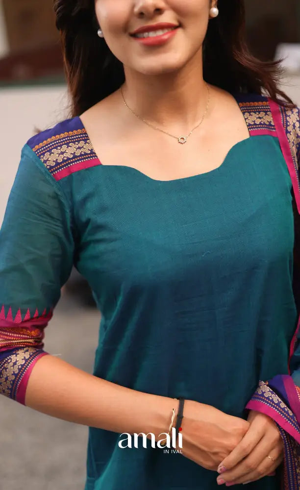 Meera Chettinad Cotton Salwar - Blue and Magenta - salwar