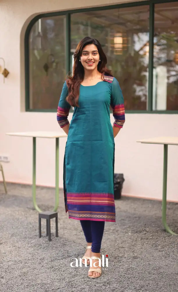Meera Chettinad Cotton Salwar - Blue and Magenta - salwar