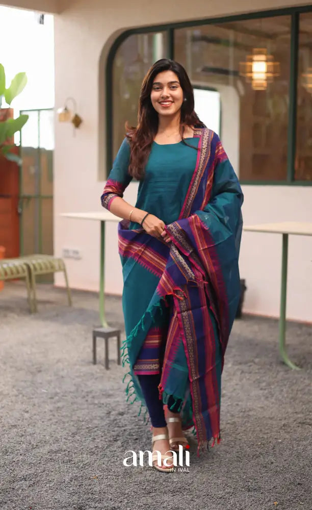 Meera Chettinad Cotton Salwar - Blue and Magenta - salwar