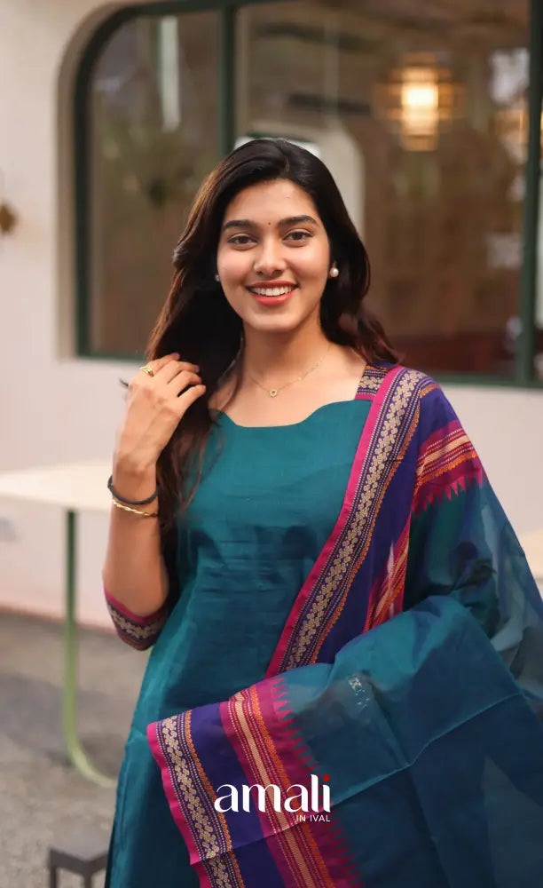 Meera Chettinad Cotton Salwar - Blue and Magenta - salwar