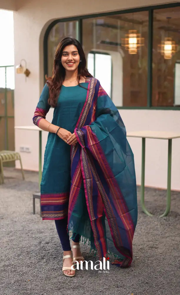 Meera Chettinad Cotton Salwar - Blue and Magenta - salwar