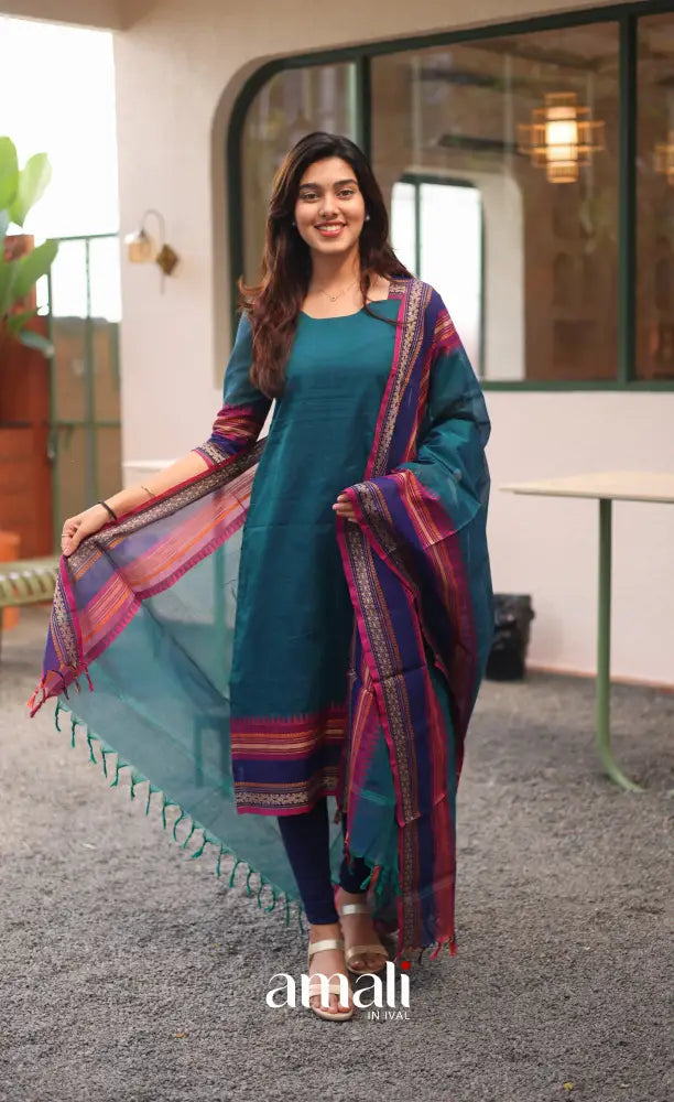 Meera Chettinad Cotton Salwar - Blue and Magenta - salwar